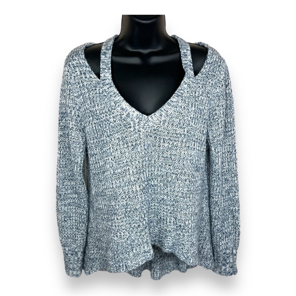 Large Derek Heart Blue White Knit V Neck Sweater Cold Shoulder  Casual